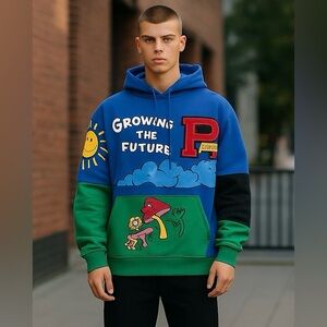 First Row "Growing The Future & Think Green Always" Mens Hoodie blue size medium